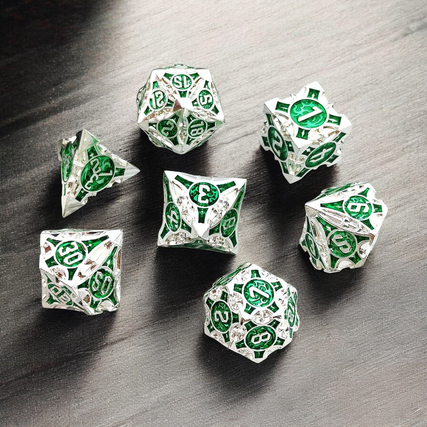 Silver Green Emerald Core Hollow Metal Dice Set for DnD D&D