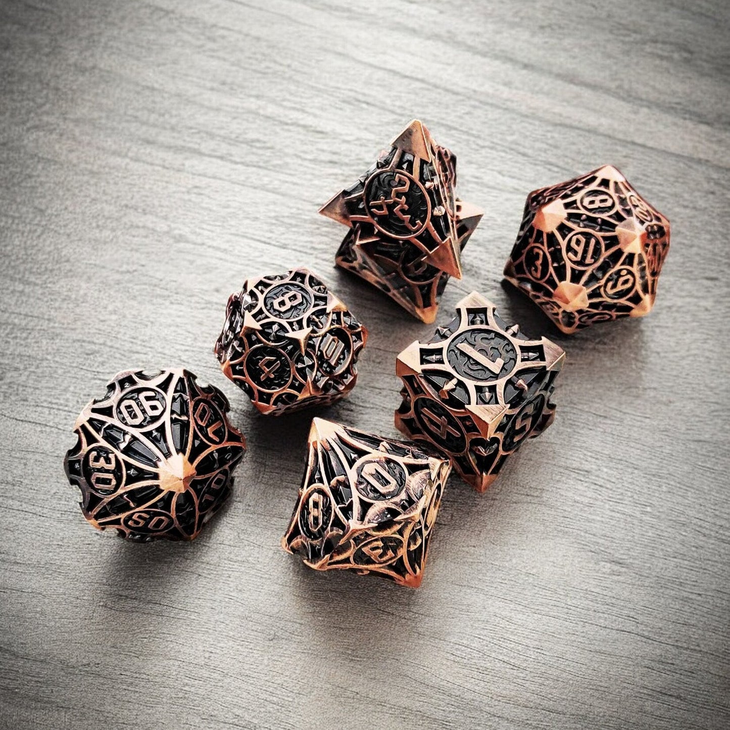 Black Copper Obsidian Rose Metal Dice Set | DnD Gaming Dice