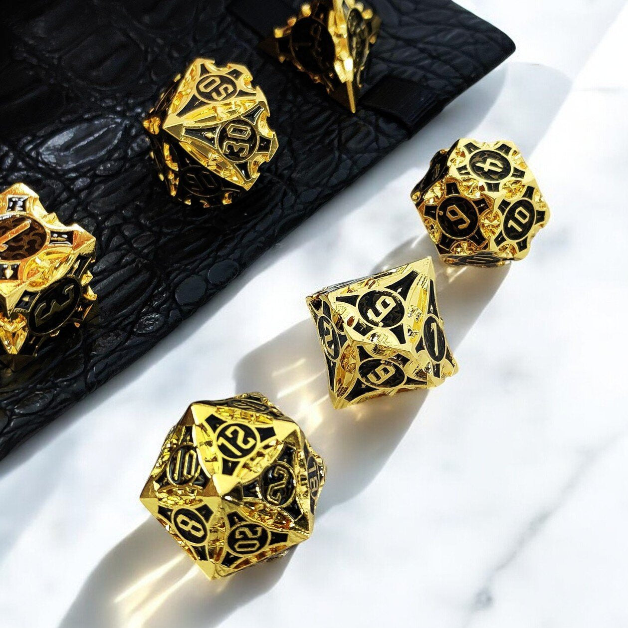 Golden Obelisk Black Gold Metal Dice Set | DnD Tabletop Dice