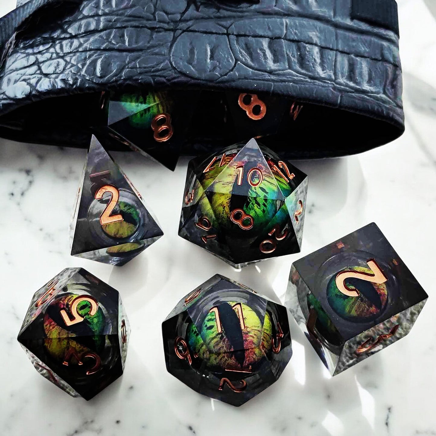 Dark Green Mystic Forest Dragon Eye Liquid Core Resin DnD Dice Set for Tabletop Role Playing Games