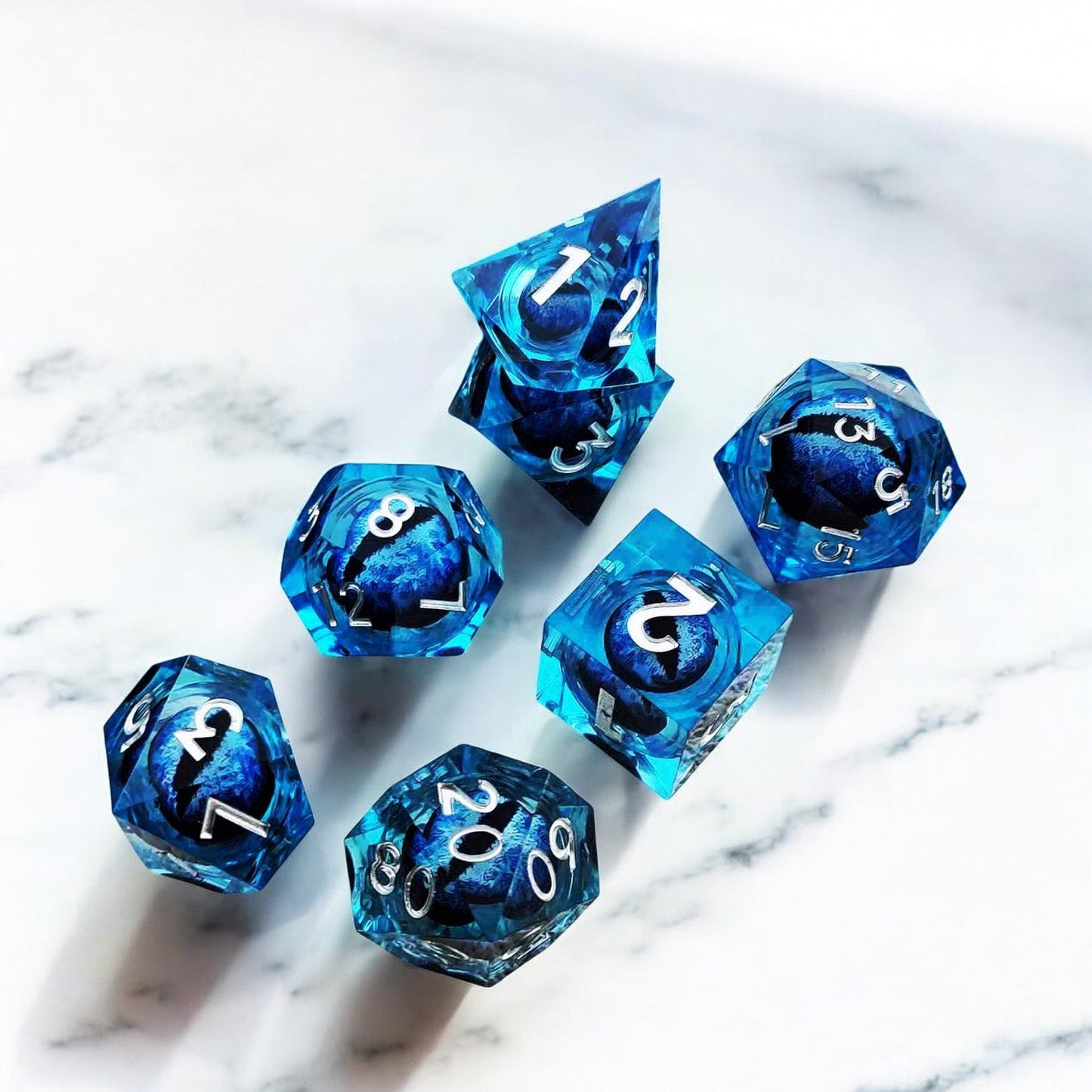 D&D Polyhedral Dice Set - Floating Frost Dragon Eye Liquid Core Resin Dice