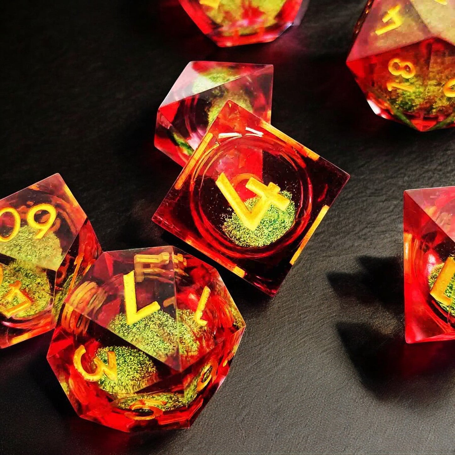 Liquid Core Resin D&D Dice | Red Green Radiant Jewel Design