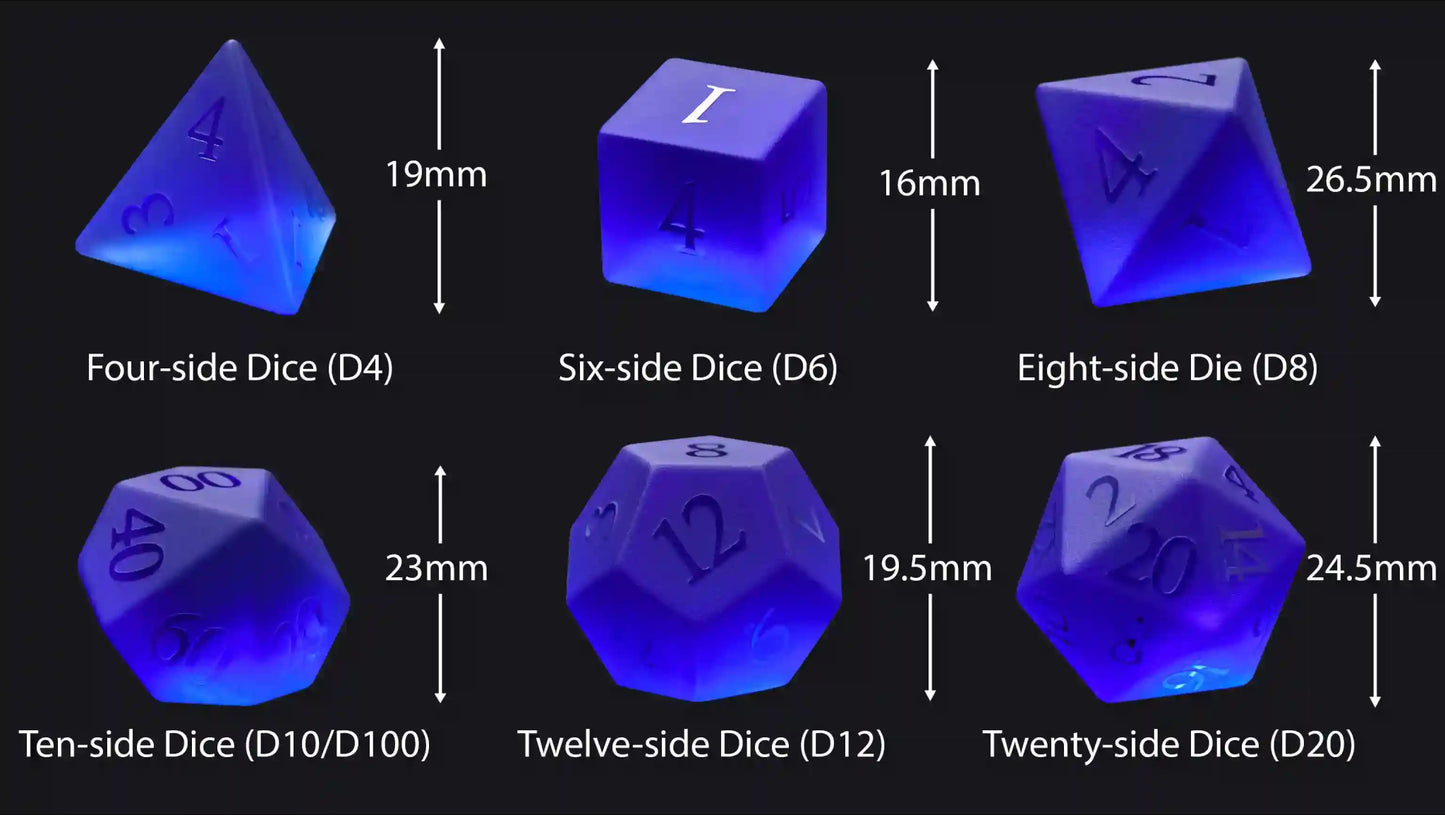 Polyhedron Blue Glass Frosted Gem DND Dice Set with Transparent Font