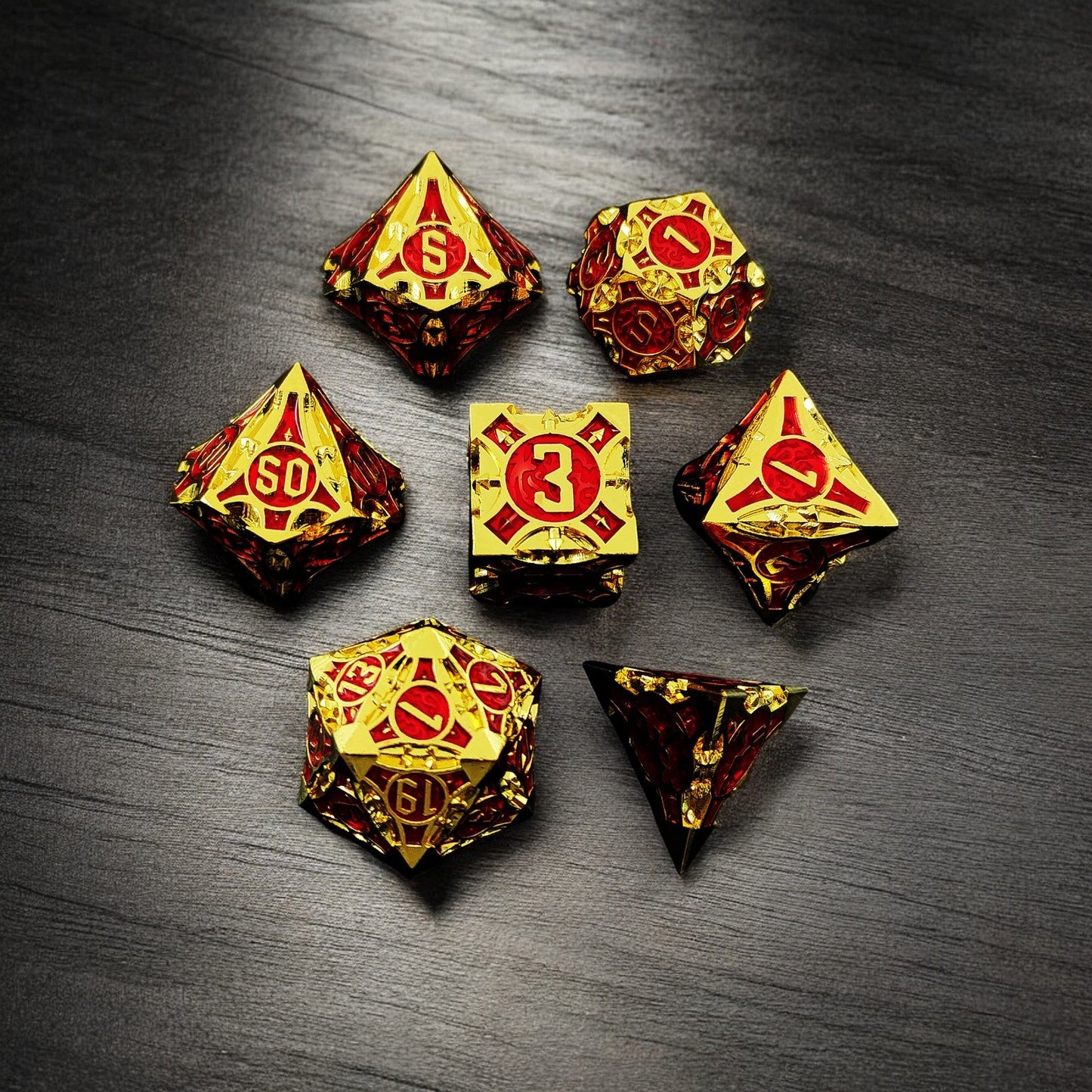 Phoenix Relics Hollow Metal Dice Set | Red Gold for DnD Tabletop RPG