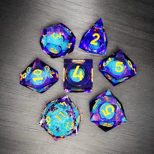 Blue Purple Gradient Nebula Twilight Liquid Core Resin D&D Dice Set