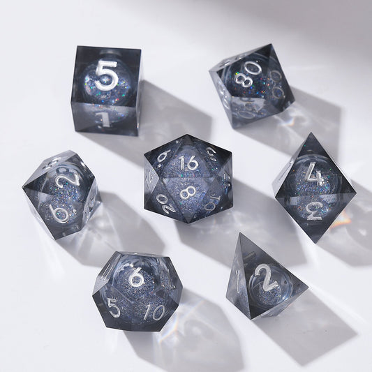 Liquid Core Resin D&D Dice | Cosmic Eclipse Gray-Silver Glitter Dice Set