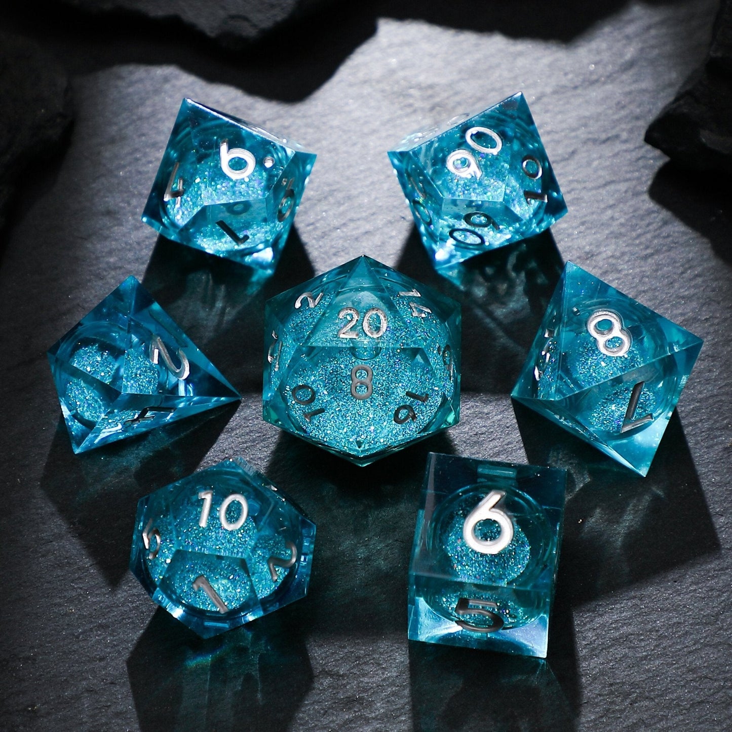 Liquid Core Resin D&D Dice | Blue Oceanic Crystal Dice Set