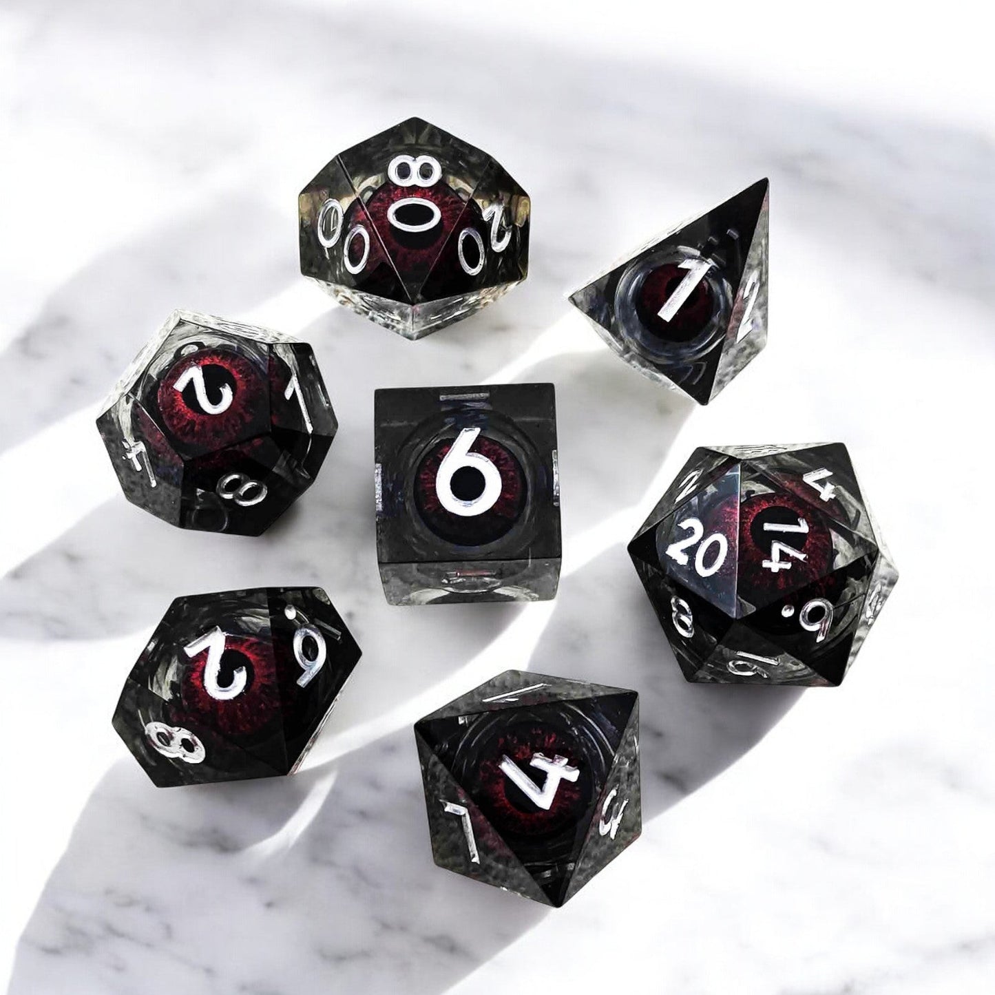 Black Red Infernal Pupil Dragon Eye Liquid Core Resin Dice for D&D Tabletop Games