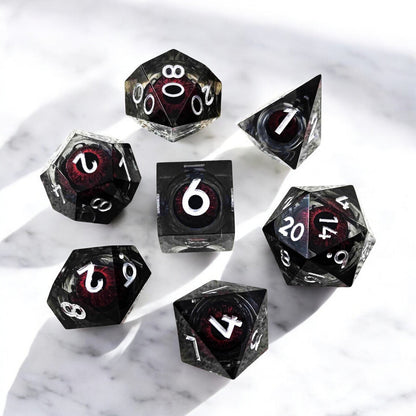 Black Red Infernal Pupil Dragon Eye Liquid Core Resin Dice for D&D Tabletop Games