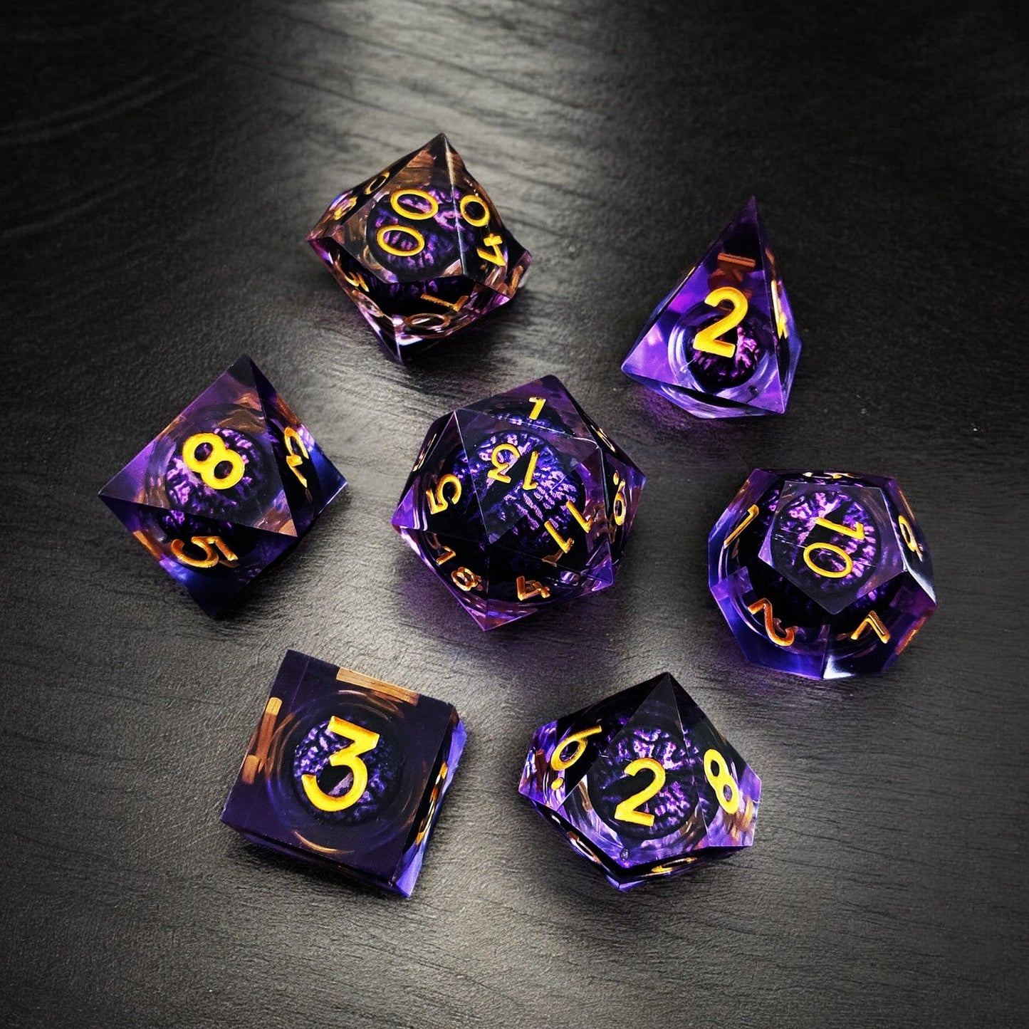 Dragon Eye Liquid Core Resin Dice Set | Golden Purple Arcane Twilight D&D