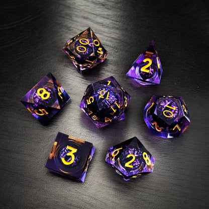 Dragon Eye Liquid Core Resin Dice Set | Golden Purple Arcane Twilight D&D