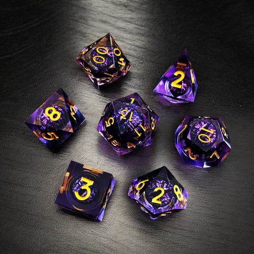 Dragon Eye Liquid Core Resin Dice Set | Golden Purple Arcane Twilight D&D