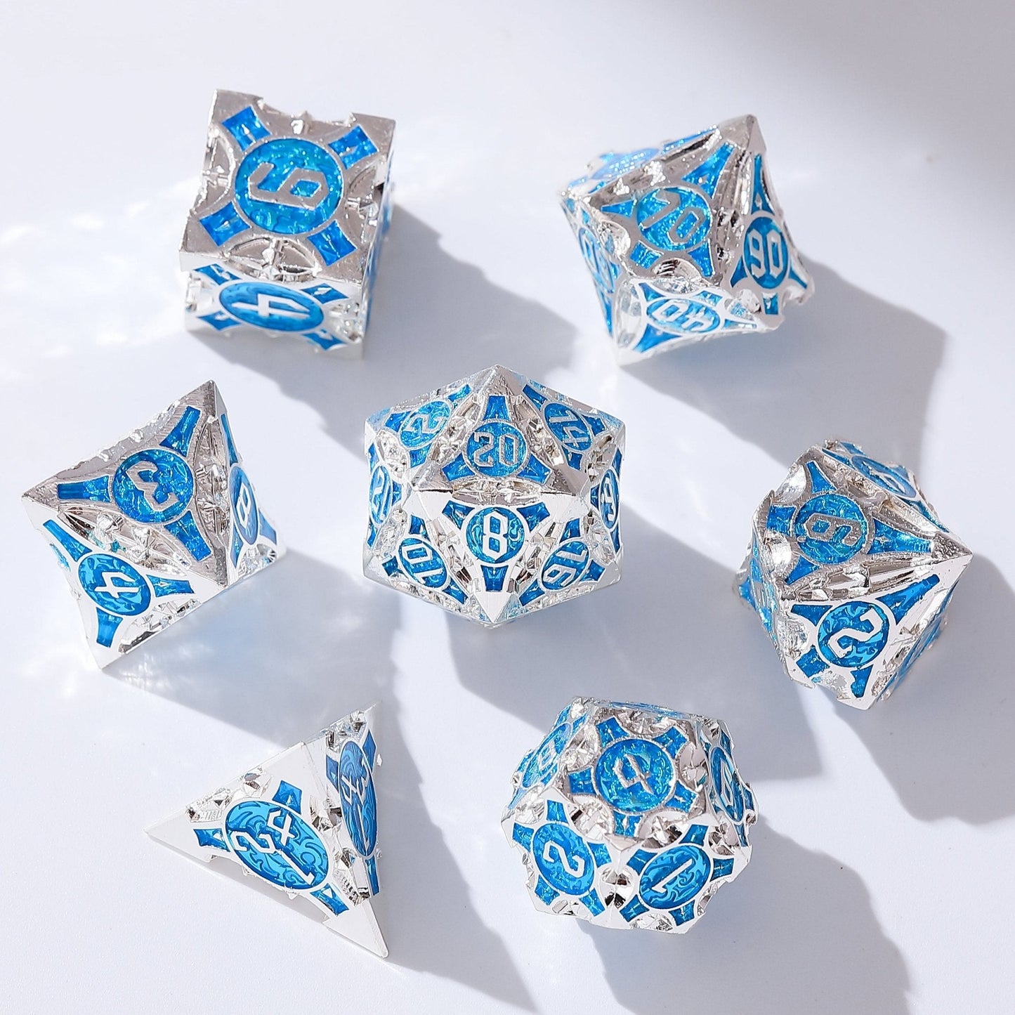 Blue & Silver Oracle Metal Dice Set | Stellar Forge for DnD Gaming
