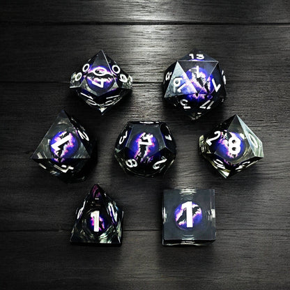 Black Purple Phantom Rift Dragon Eye Liquid Core Resin Dice Set for D&D Tabletop RPG Games