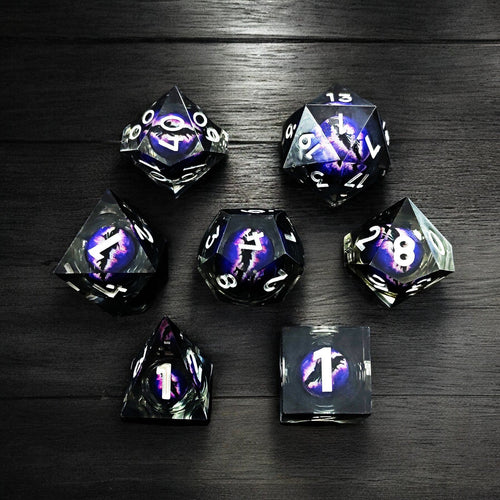 Black Purple Phantom Rift Dragon Eye Liquid Core Resin Dice Set for D&D Tabletop RPG Games