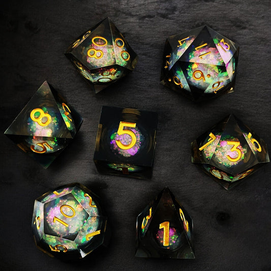 Premium Black Cosmic Radiance Liquid Core Resin Dice Set for Dungeons & Dragons Tabletop RPG Games