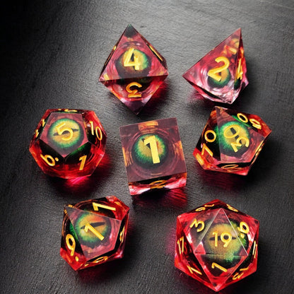Golden Flame Dragon Eye Dice, Liquid Core Resin D&D Tabletop Dice Set