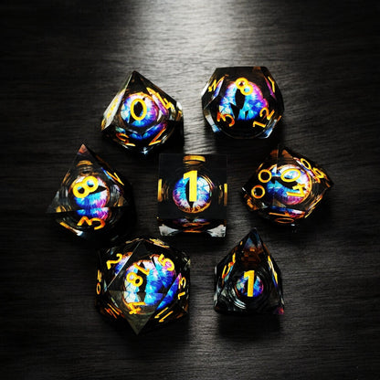 Liquid Core Resin Dice Set – Prismatic Flame Dragon Eye DnD Dice for D&D Games