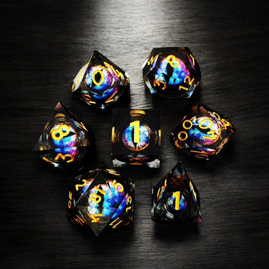Liquid Core Resin Dice Set – Prismatic Flame Dragon Eye DnD Dice for D&D Games