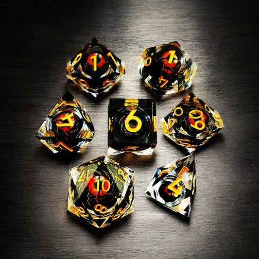 Infernal Blaze Dragon Eye Liquid Core Resin D&D Polyhedral Dice Set