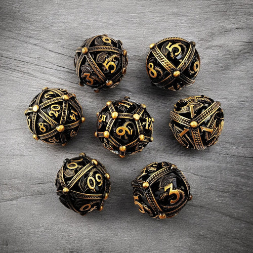 Black Gold Hollow Golden Aegis Metal Dice Set for Tabletop RPG & DnD
