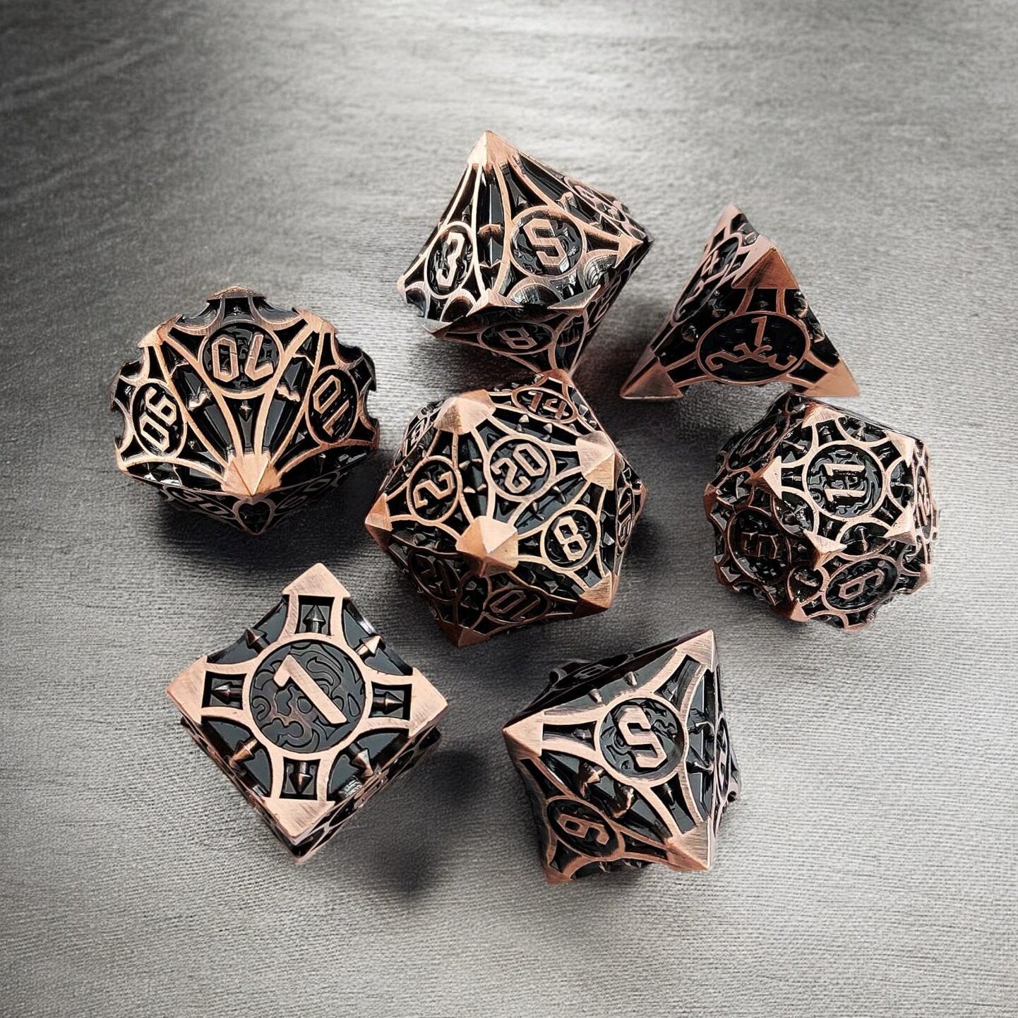 Black Copper Obsidian Rose Metal Dice Set | DnD Gaming Dice