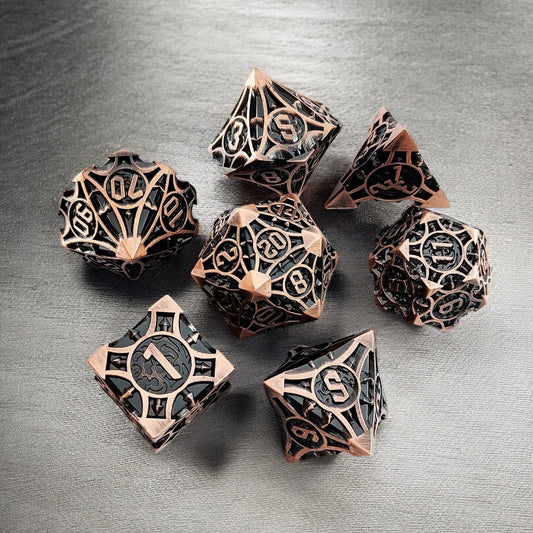 Black Copper Obsidian Rose Metal Dice Set | DnD Gaming Dice