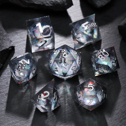 Phantom Ruins Black Silver Skeleton Liquid Core Resin D&D Dice Set