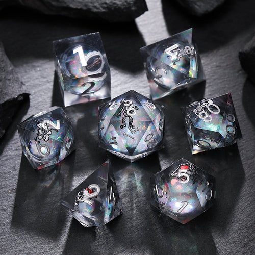 Phantom Ruins Black Silver Skeleton Liquid Core Resin D&D Dice Set