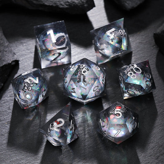 Phantom Ruins Black Silver Skeleton Liquid Core Resin D&D Dice Set