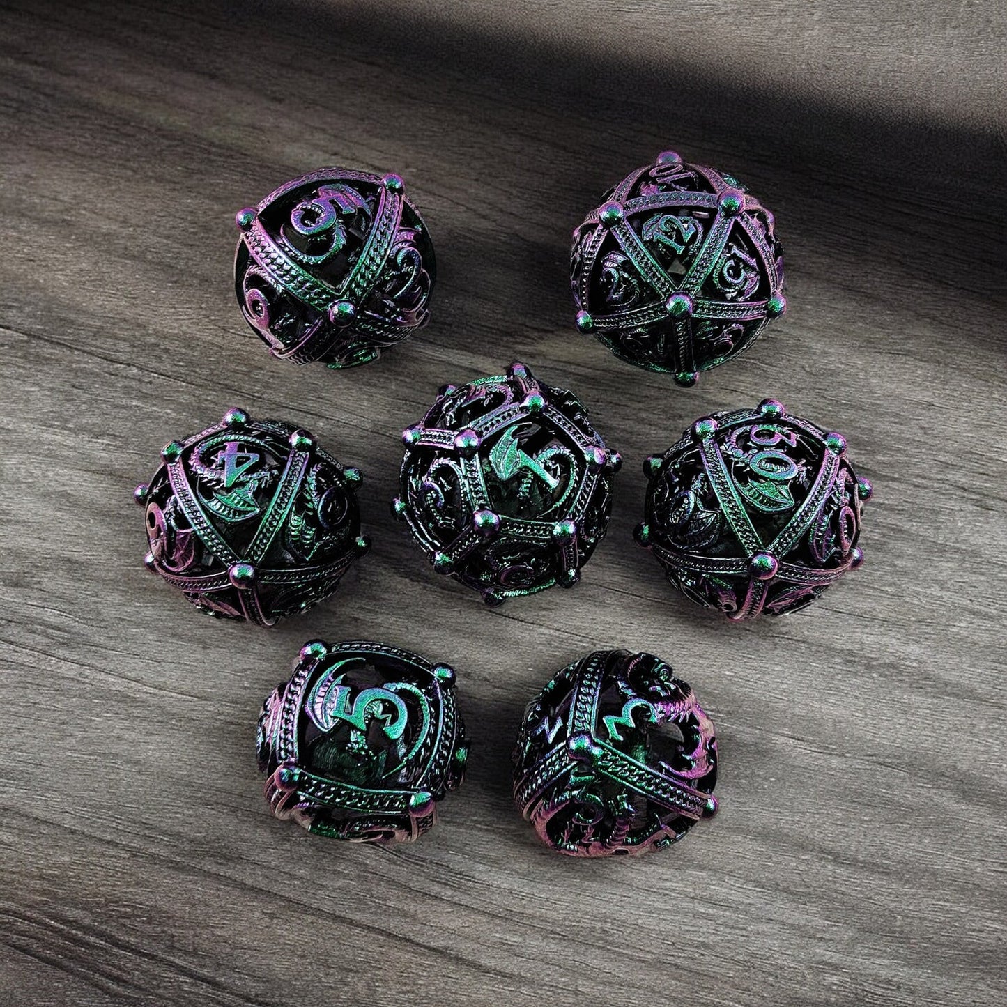 Ethereal Bloom Purple Green Gradient Hollow Metal Dice Set | DnD RPG Dice