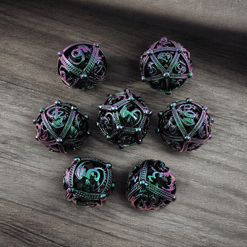 Ethereal Bloom Purple Green Gradient Hollow Metal Dice Set | DnD RPG Dice