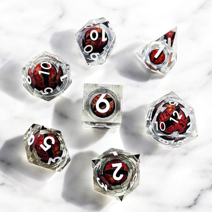 Red Transparent Infernal Orb Dragon Eye Liquid Core Resin DnD Dice Set