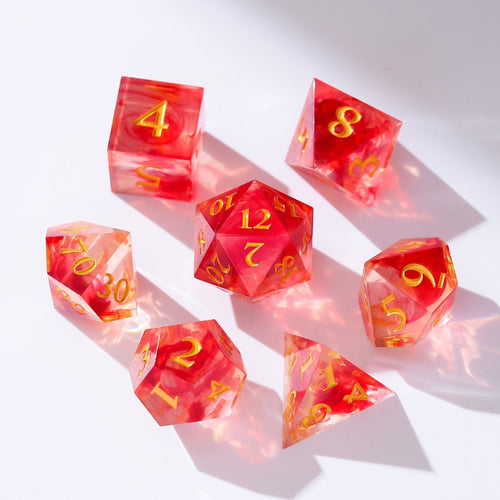 Liquid Core Resin D&D Dice | Crimson Blaze Red Flame Magic Dice Set