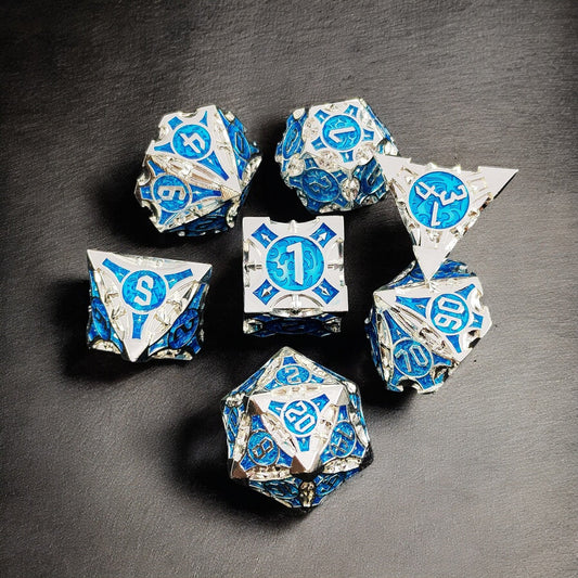 Arctic Sigil Silver Blue Hollow Metal Dice Set | DnD Gaming Dice