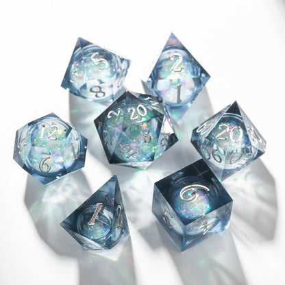 Ice Blue Frozen Crystal Liquid Core Resin DnD Dice Set, Handmade Polyhedral Dice for D&D, RPG and Tabletop Role Playing Games