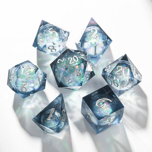 Ice Blue Frozen Crystal Liquid Core Resin DnD Dice Set, Handmade Polyhedral Dice for D&D, RPG and Tabletop Role Playing Games