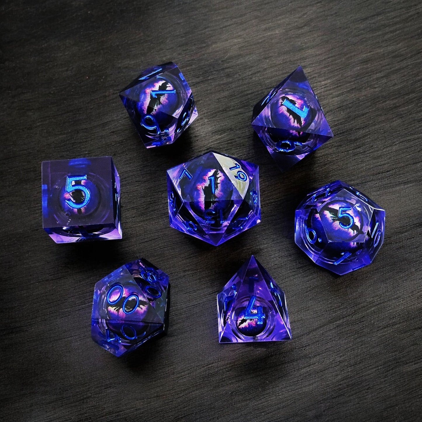 Dark Purple Phantom Nebula Liquid Core Resin Dragon Eye D&D Polyhedral Dice Set