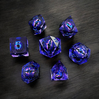 Dark Purple Phantom Nebula Liquid Core Resin Dragon Eye D&D Polyhedral Dice Set