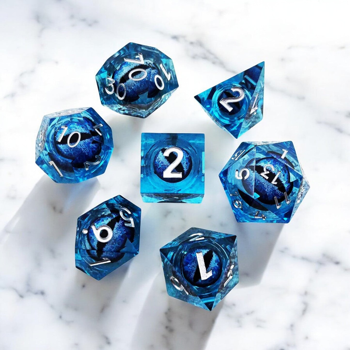 D&D Polyhedral Dice Set - Floating Frost Dragon Eye Liquid Core Resin Dice
