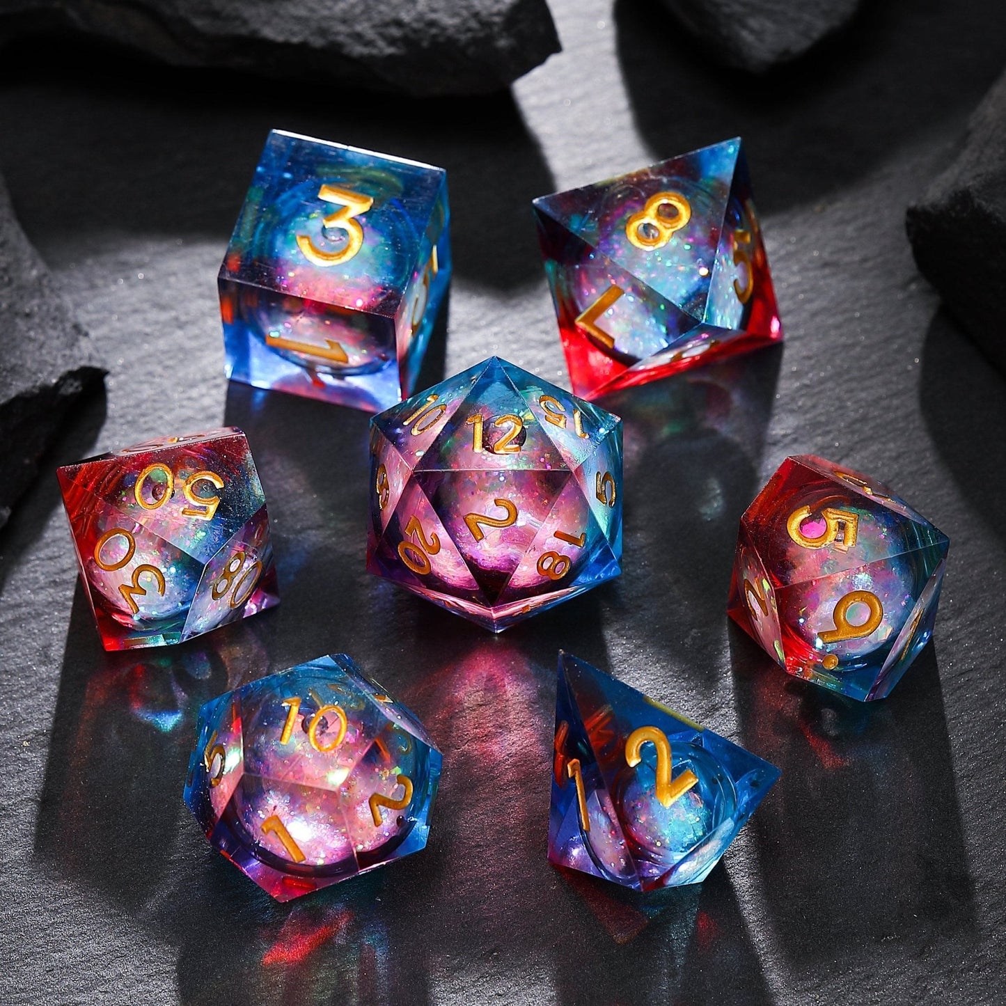 Liquid Core Resin D&D Dice | Nebula Realm Red Blue Galaxy Dice Set