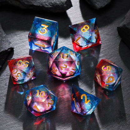 Liquid Core Resin D&D Dice | Nebula Realm Red Blue Galaxy Dice Set