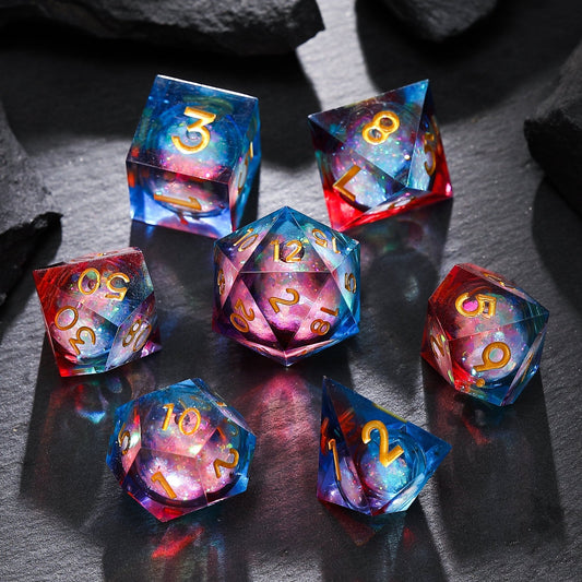 Liquid Core Resin D&D Dice | Nebula Realm Red Blue Galaxy Dice Set
