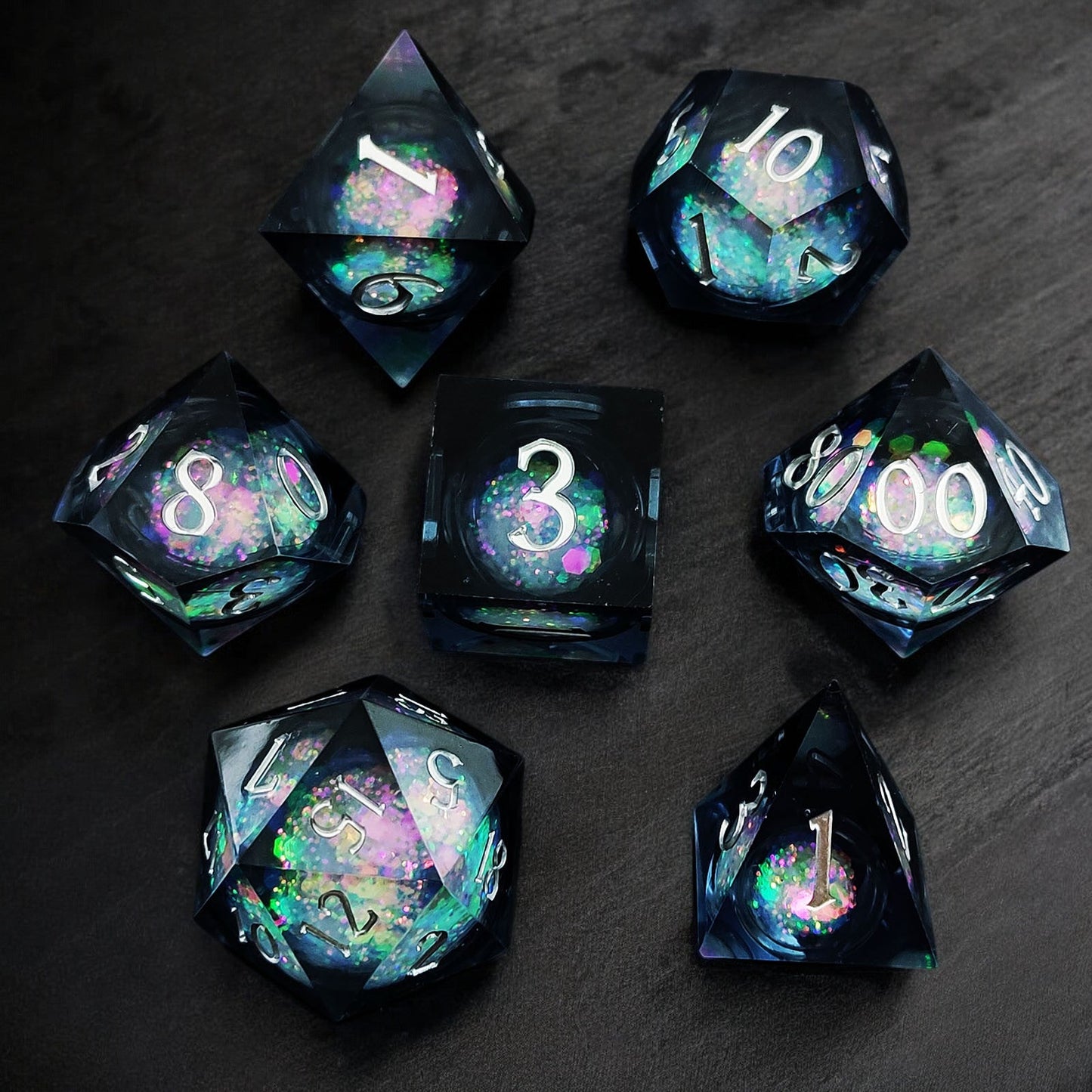 Black Aurora Liquid Core Resin Dice Set – Sphere Design for Tabletop Gaming