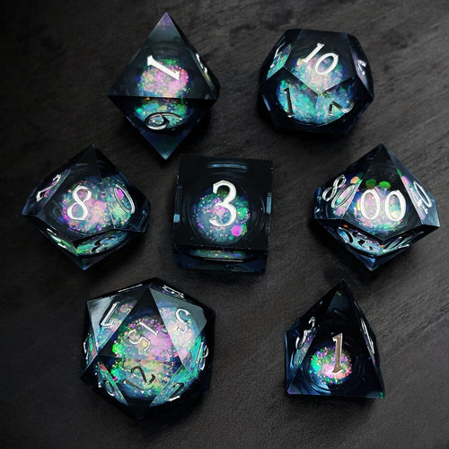 Black Aurora Liquid Core Resin Dice Set – Sphere Design for Tabletop Gaming
