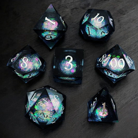 Black Aurora Liquid Core Resin Dice Set – Sphere Design for Tabletop Gaming