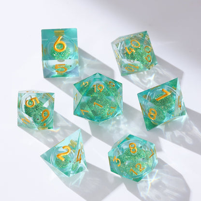 Emerald Light Forest Blessing Green Liquid Core Resin D&D Dice Set