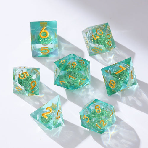 Emerald Light Forest Blessing Green Liquid Core Resin D&D Dice Set