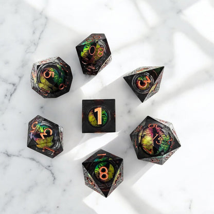 Dark Green Mystic Forest Dragon Eye Liquid Core Resin DnD Dice Set for Tabletop Role Playing Games