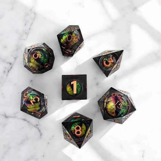 Dark Green Mystic Forest Dragon Eye Liquid Core Resin DnD Dice Set for Tabletop Role Playing Games